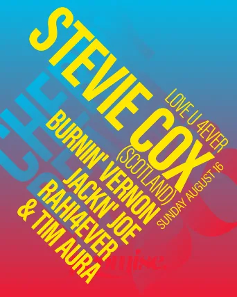 Burnin' Vernon, Jackn' Joe, rahi4ever, Tim Aura, STEVIE COX — event flyer