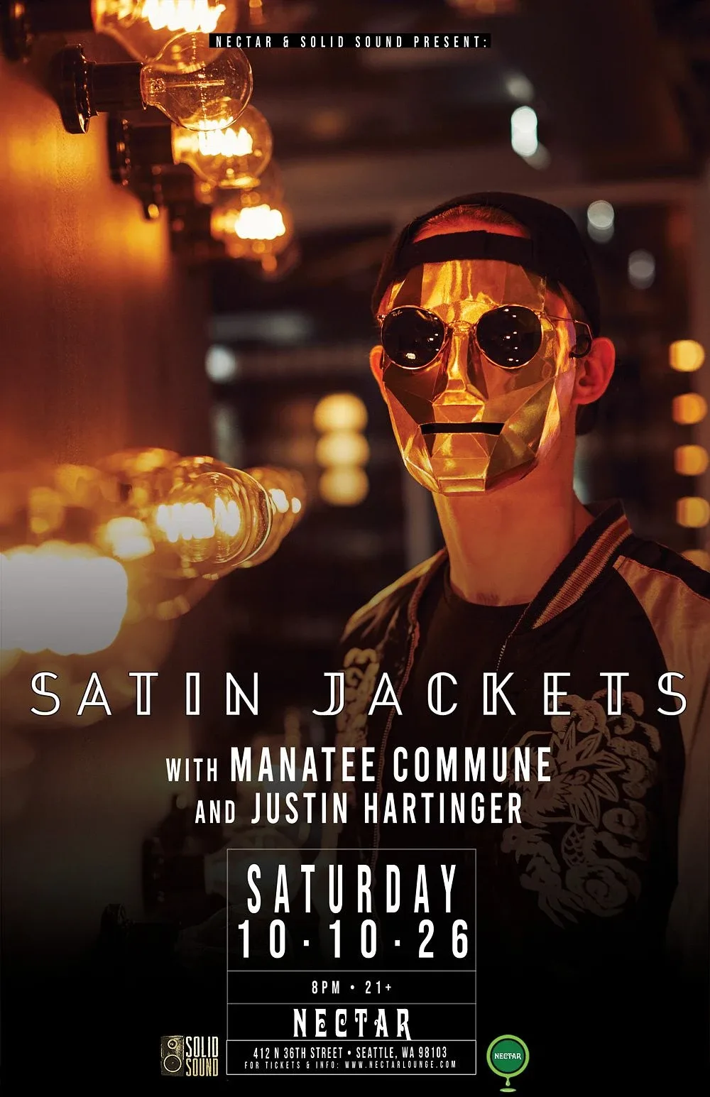 Satin Jackets, Manatee Commune, Justin Hartinger — event flyer