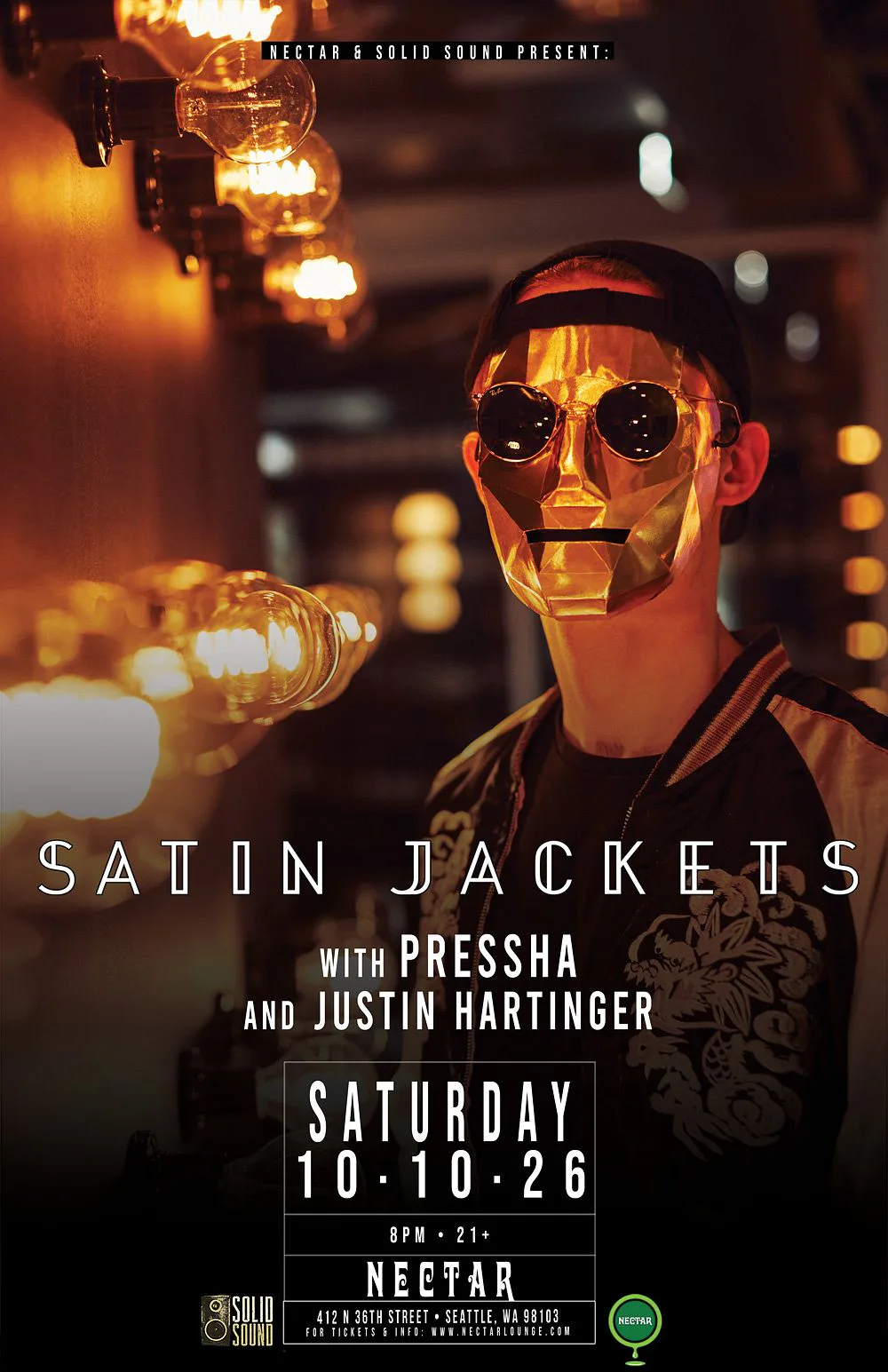 Event flyer for Satin Jackets, Manatee Commune, Justin Hartinger