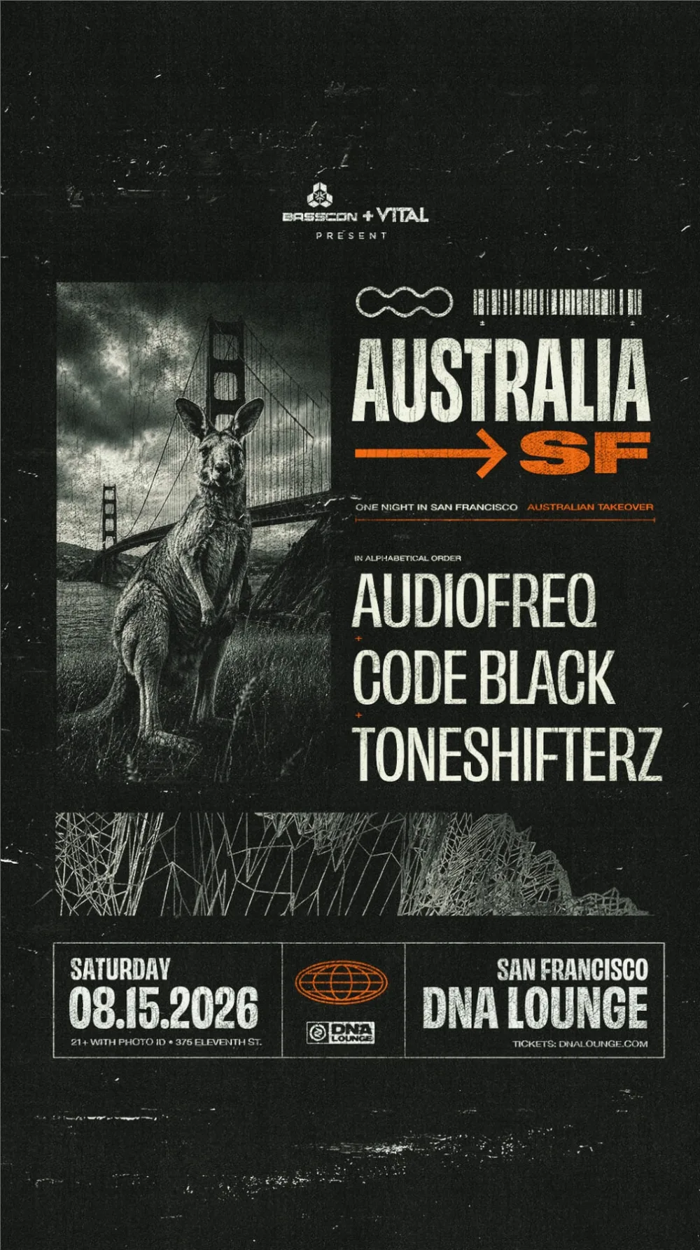 Audiofreq, Code Black, Toneshifterz — event flyer