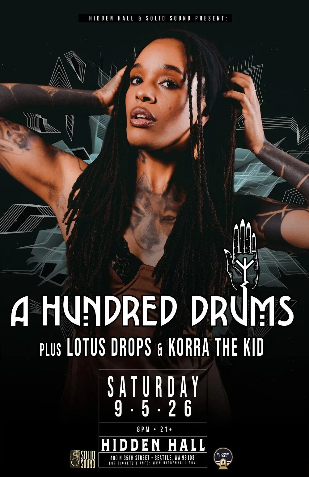 Event flyer for A Hundred Drums, Lotus Drops, Korra The Kid