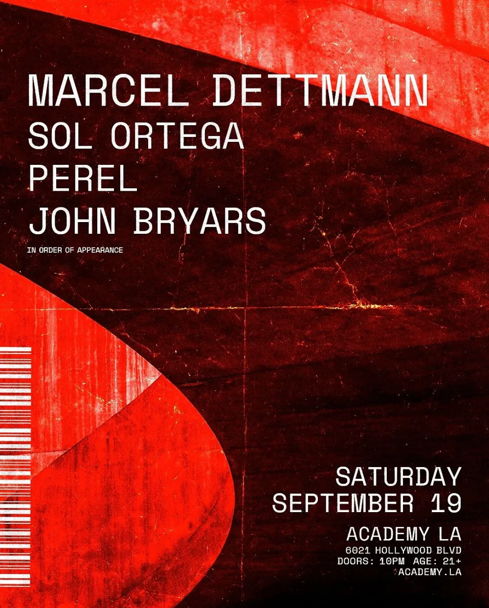 Marcel Dettmann, Sol Ortega, Perel, John Bryars — event flyer