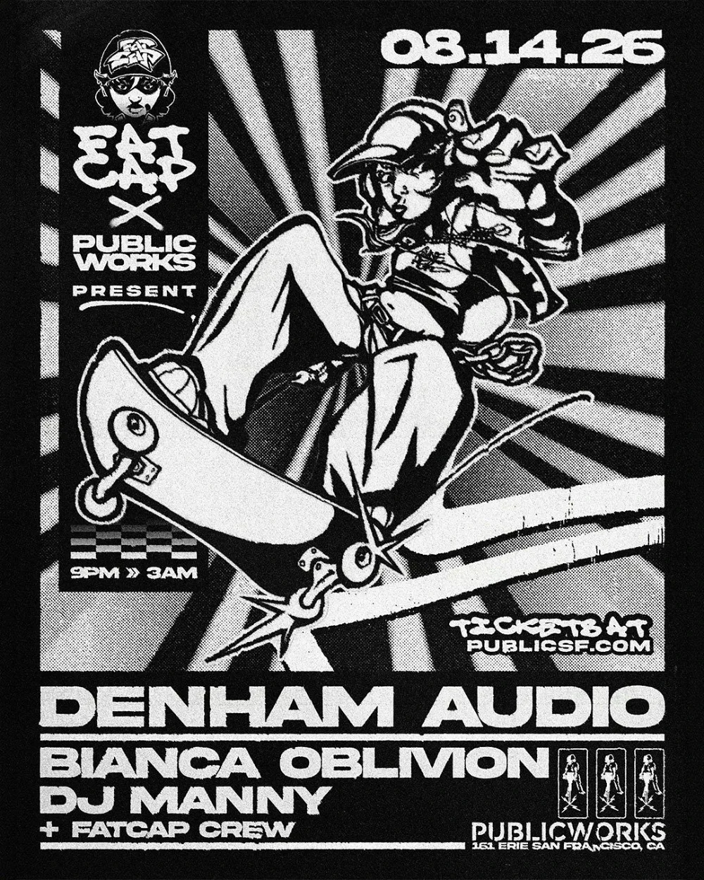 Denham Audio, Bianca Oblivion, Public Works — event flyer