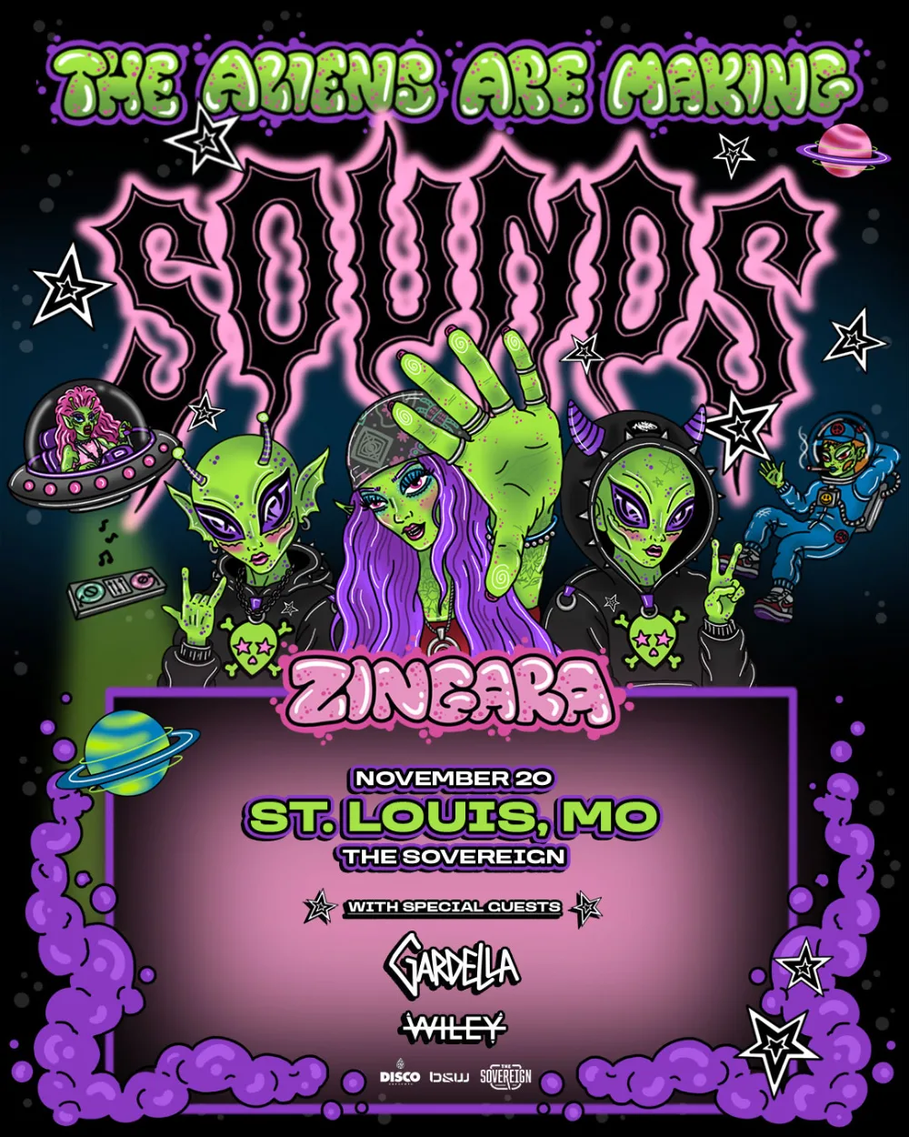 Zingara, Wiley, Gardella — event flyer