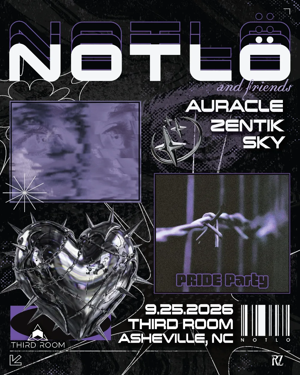 NotLö, AURAcle, Zentik — event flyer