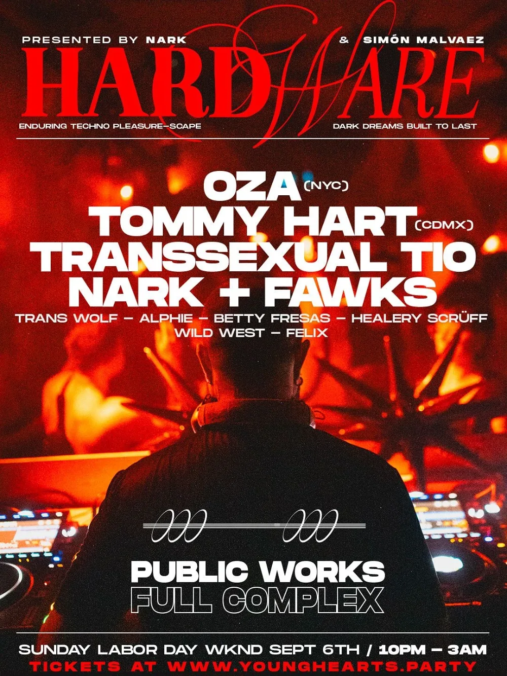 OZA, Tommy Hart, Nark, Transsexual Tio, Simon Malvaez, Betty Fresas, Fawks — event flyer