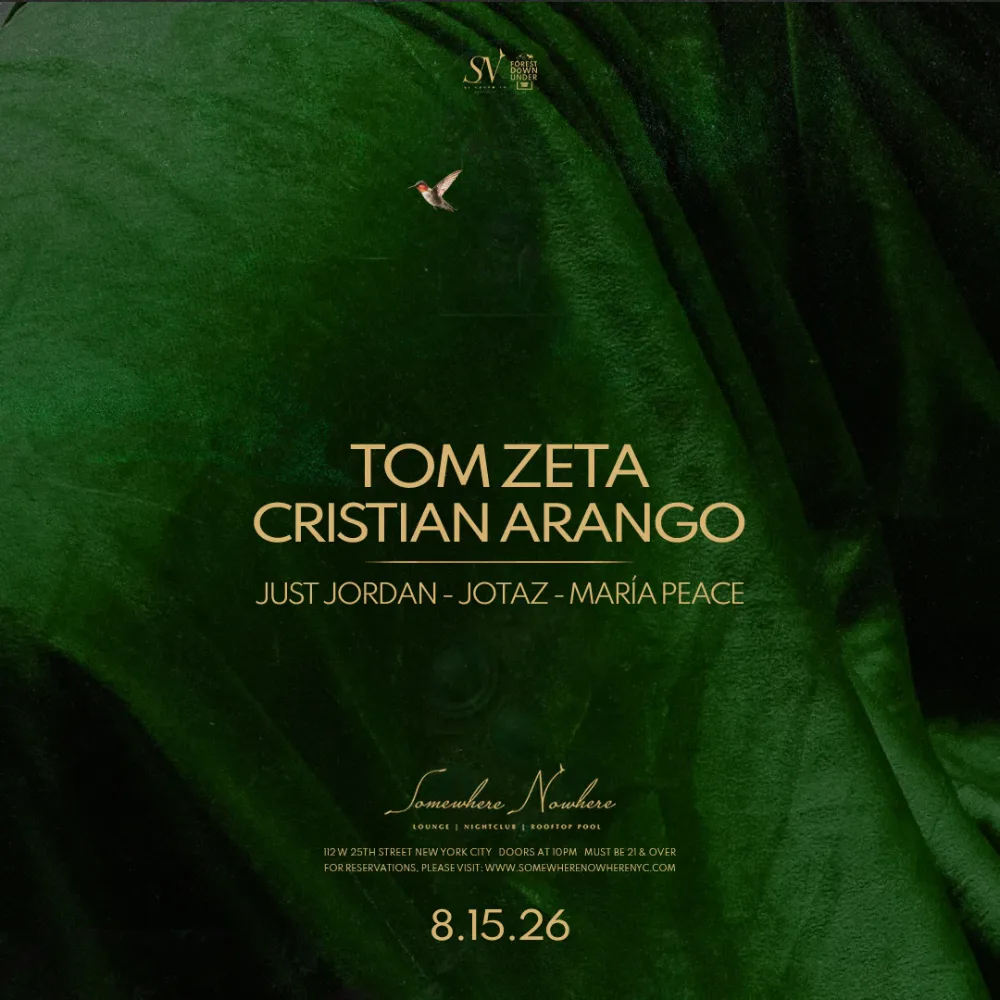 Tom Zeta, Cristian Arango, Just Jordan, Maria Peace — event flyer