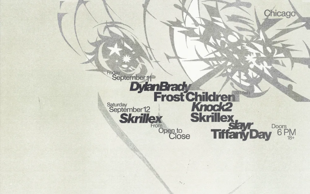 Skrillex, Knock2, Dylan Brady (of 100 gecs), Frost Children, Slayr, Tiffany Day — event flyer