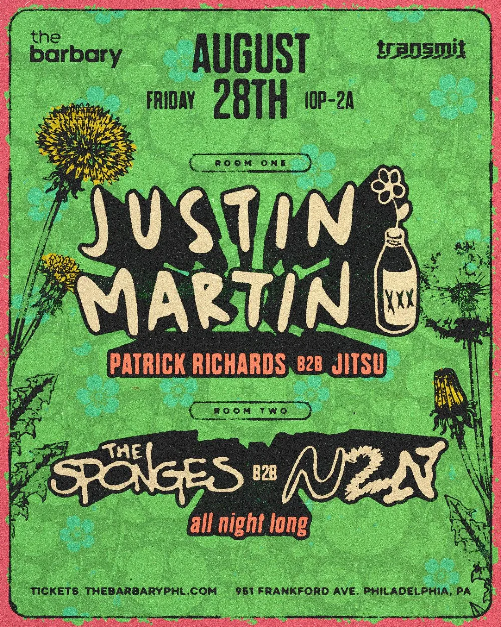 Justin Martin, The Sponges, N2N — event flyer