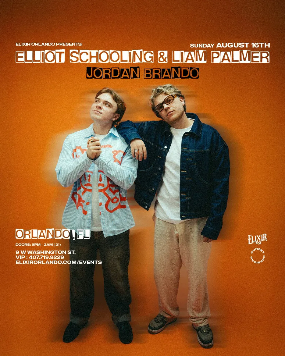Elliot Schooling, Liam Palmer, Jordan Brando — event flyer