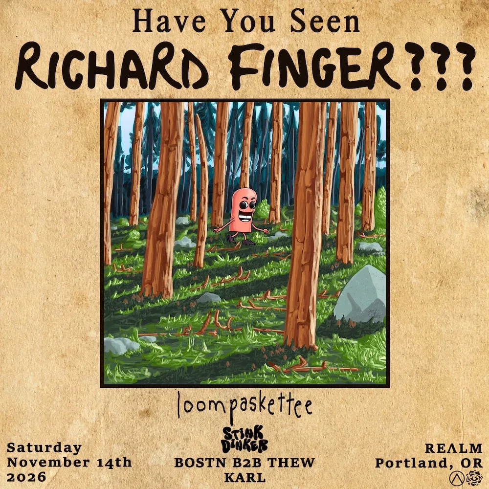Event flyer for Richard Finger, BOSTN, Loompaskettee, Thew