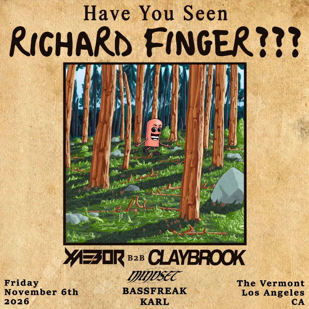 Richard Finger, XaeboR, Claybrook, Bassfreak — event flyer