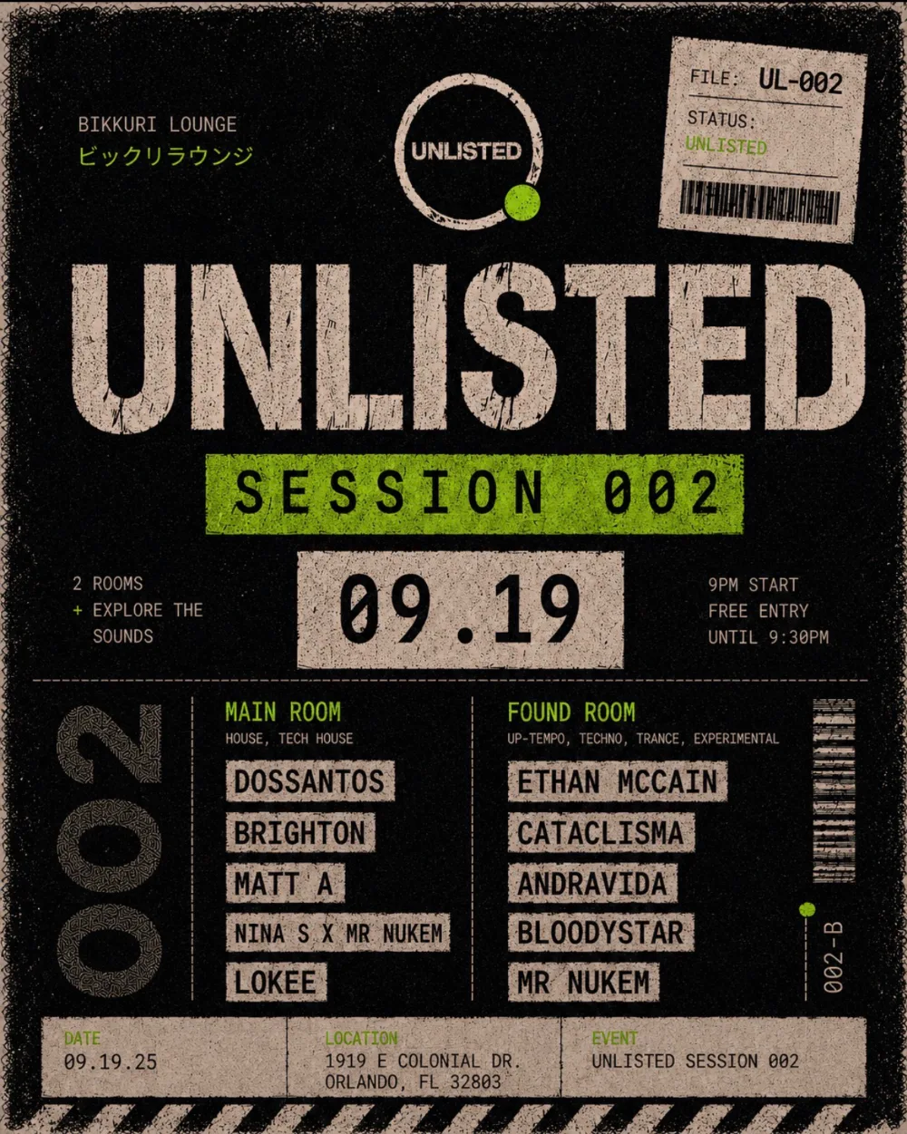 UNLISTED Sessions — event flyer