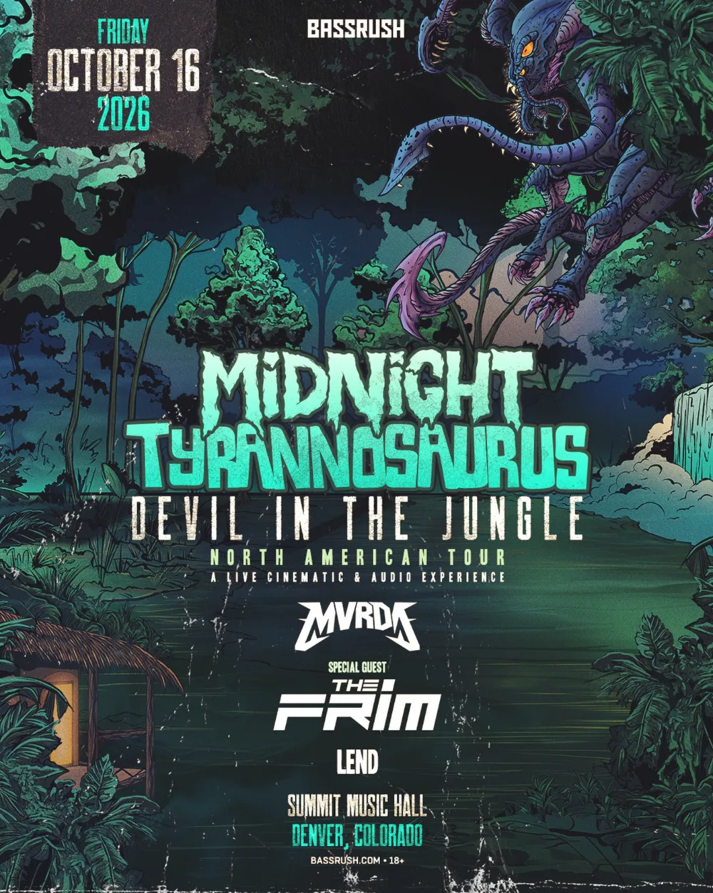 Midnight Tyrannosaurus, MVRDA, Prim, Lend — event flyer