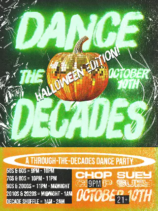 Event flyer for DANCE THE DECADES