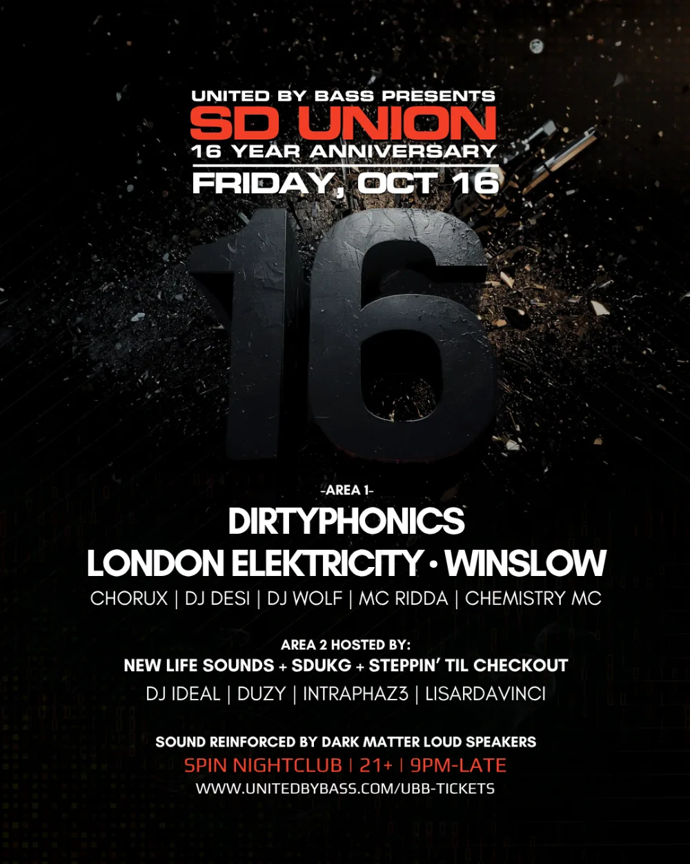 SD Union 16 Year Anniversary — event flyer