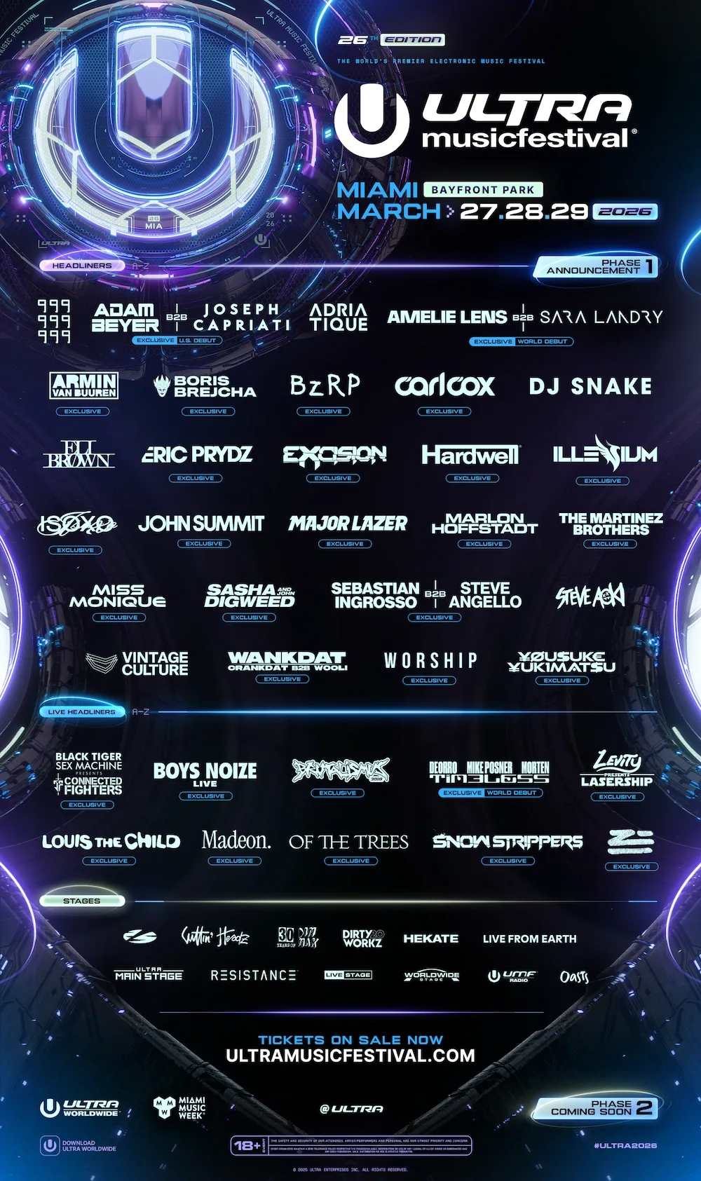Ultra Music Festival 2026 unveils Phase 1 lineup for Miami with 14 ...